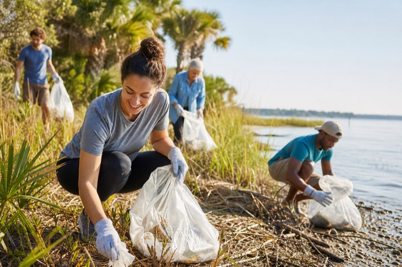 Volunteers cleaning up a James Island shoreline