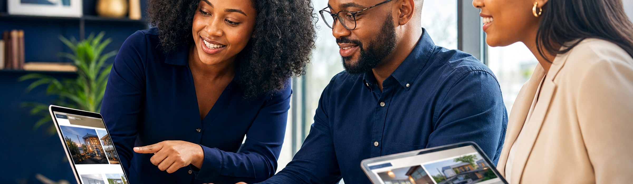 Business owners collaborating on laptops and tablets to manage their advertisements